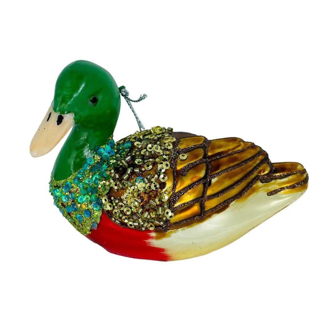 Christmas Duck Ornament Blown Glass Decoy NWT Multicolor Glitter